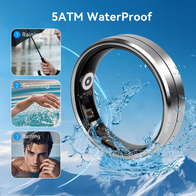 Smart Ring for Women and Men, 5ATM Waterproof Smart Rings Health Tracker with Sleep/Stress/Heart Rate/Activity Monitor, No Subscription, Smart Rings Fitness Tracker for Android iOS, Size 9, Silver