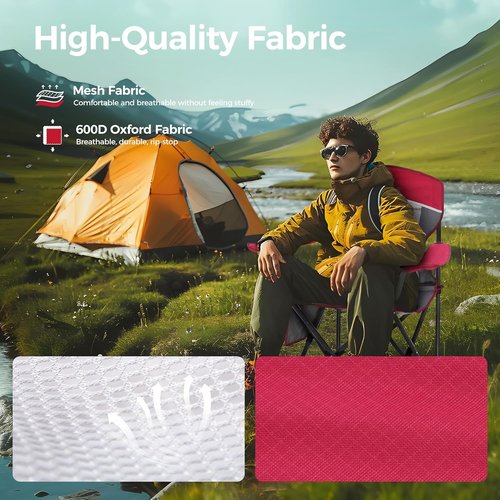 ALPHA CAMP Oversized Camping Chair - Heavy Duty 350 LBS Support | Collapsible Steel Frame, Padded Armrests, Cup Holder (Red)
