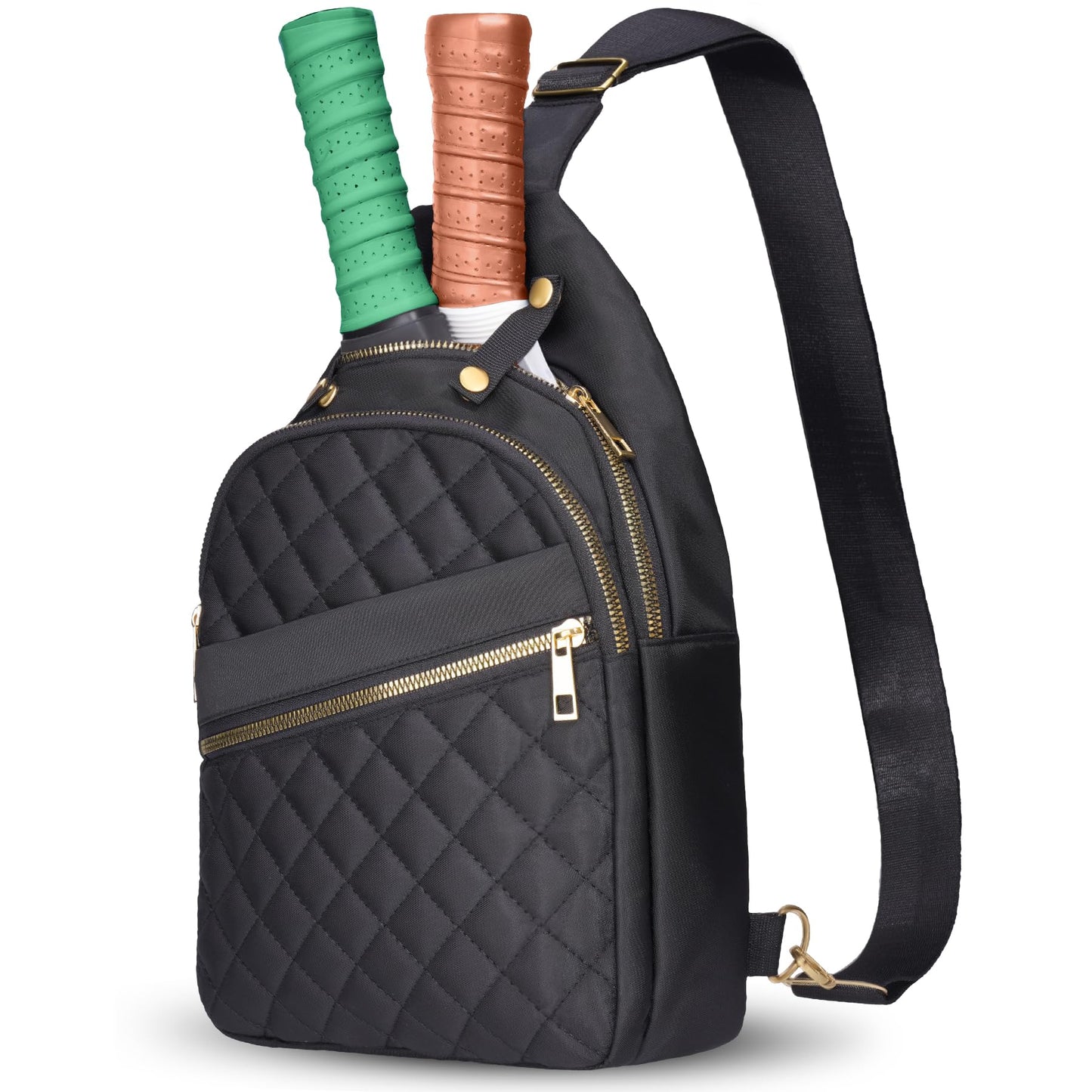 NiHome Pickleball Sling Bag for Men & Women, Water-Repellent Polyester Crossbody Backpack with Adjustable Strap, Fits 2 Paddles & 6 Balls, Tablet Pocket, Front Zipper Storage for Phone & Gear (Black)