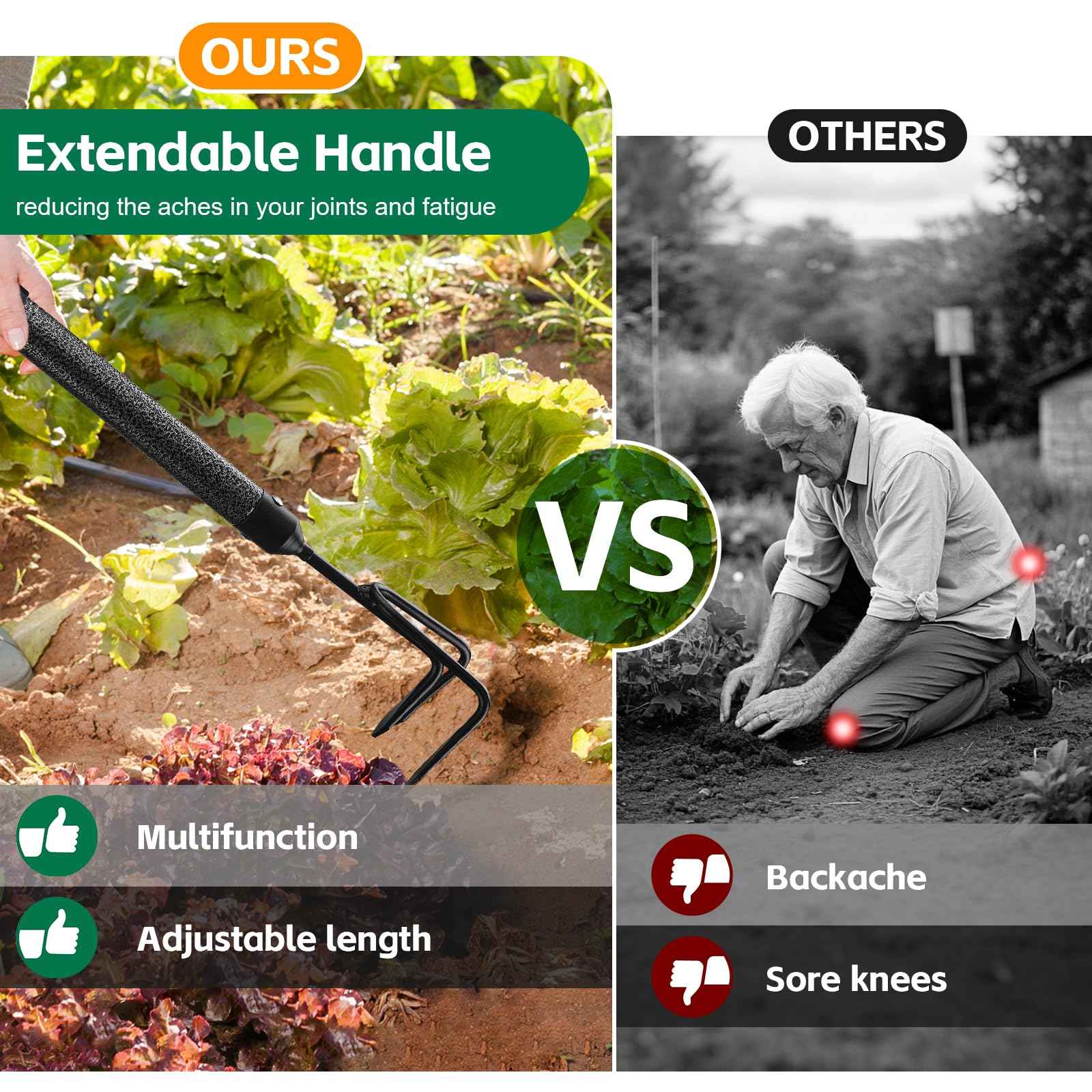 Garden Tools Set with Extension Handles, 5 Piece Thick Gardening Hand Tools, Heavy Duty Steel Rust-Proof Weeding Planting Tool Ideal Gardening Kit Gifts for Women and Men