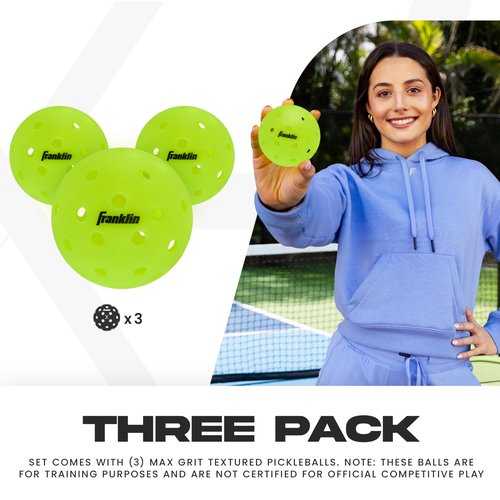 Franklin Sports Max Grit Textured Pickleballs - Indoor + Outdoor Extra Grip Training Pickleballs for Instant Spin + Control - 3 Pack - Yellow