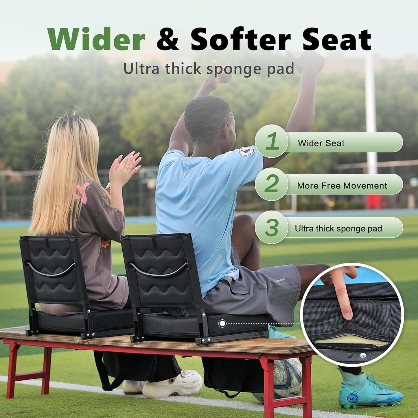 Skiennix Stadium Seats - Portable Bleacher Chairs with Back Support & Thick Padding - Black
