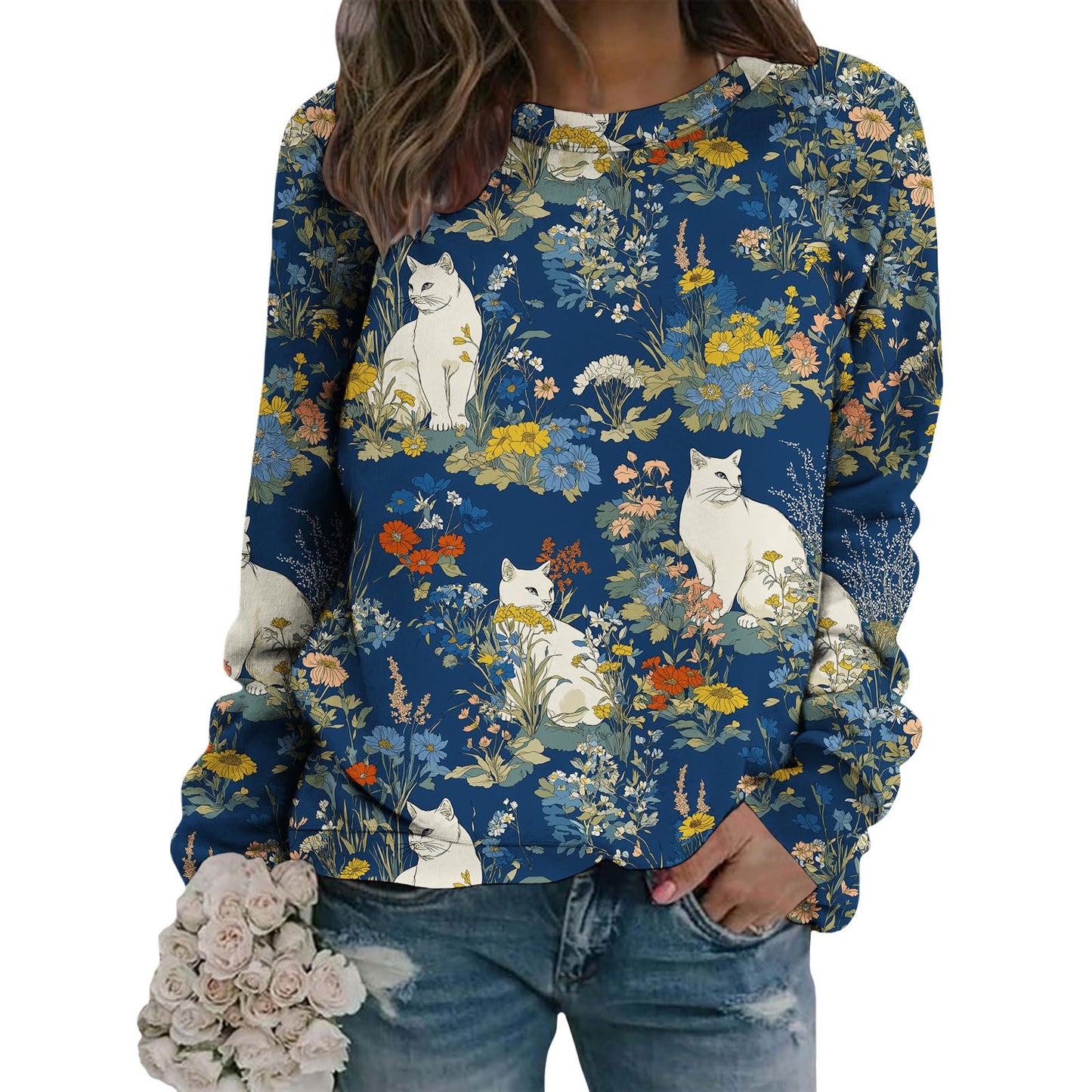 LOAIHA Womens Pink Sweatshirt With Colorful Elephant Floral Print Artistic Long Sleeve Pullover Soft Top For Everyday Style