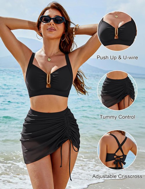 Blooming Jelly High Waisted Bikini Set - U-Wire Tummy Control Swimsuit with Mesh Swim Skirt