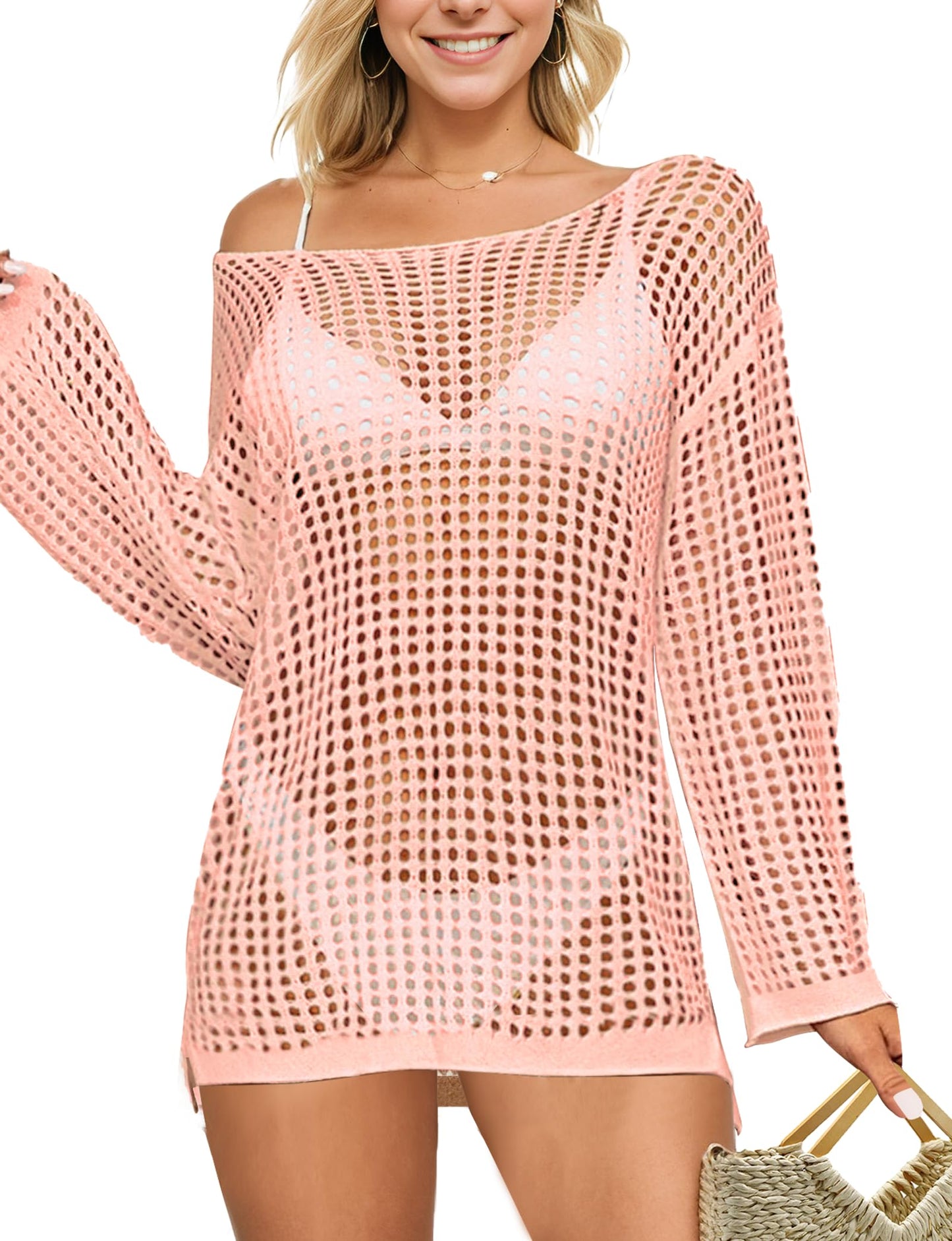 Buauty Swimsuit Cover Up for Women, Crochet Boat Neck Off Shoulder Beach Bikini Cover Up Dress, Summer Vacation, S-XL