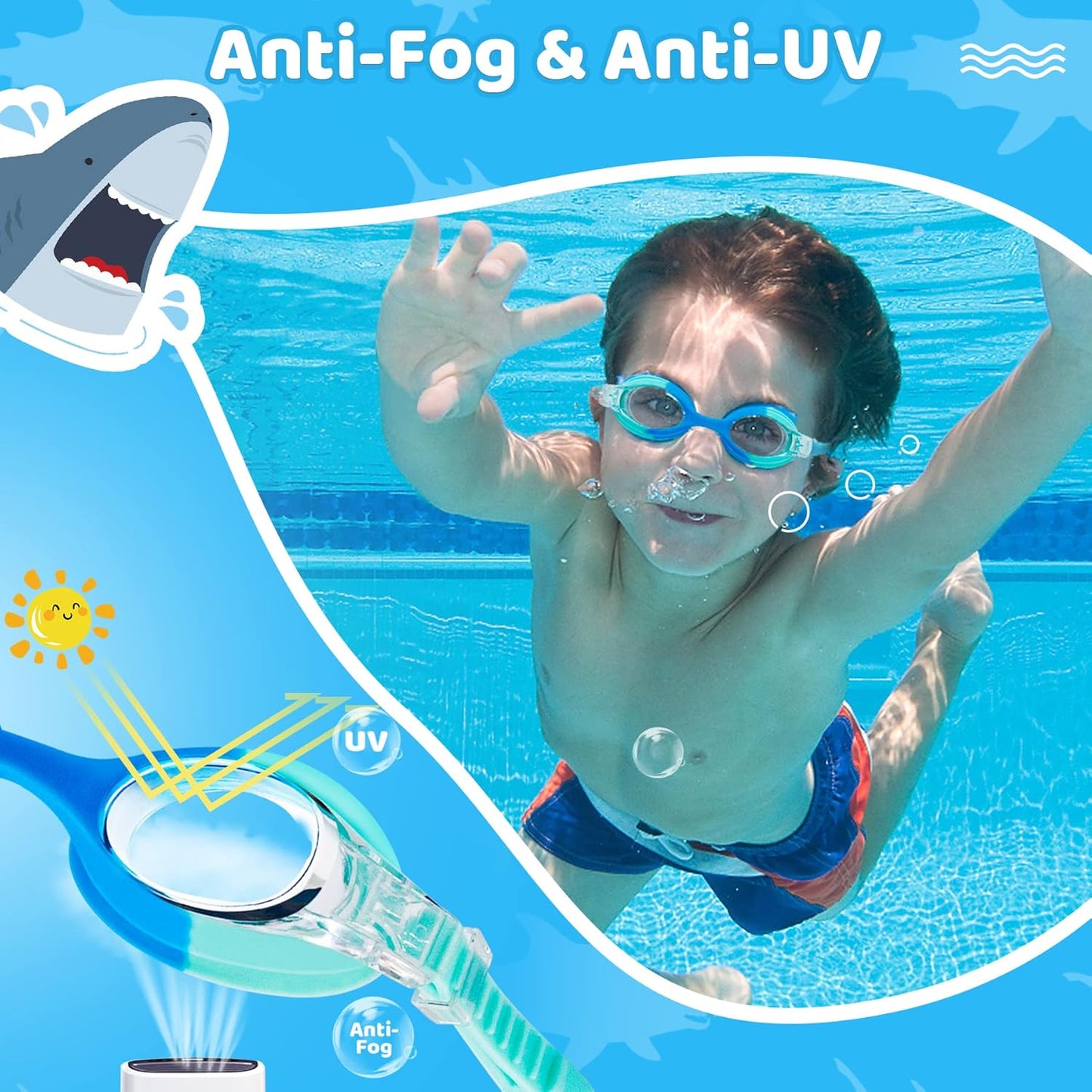 Vvinca Kids Swim Goggles with Fabric Strap No Tangle Pain-Free, Anti-Fog Swimming Pool Goggle No Leak for Toddlers Girls Boys