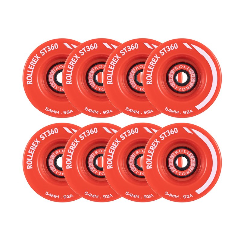 Rollerex ST360 92A 54mm x 32mm Roller Skate Wheels (8-Pack w/Bearings, Spacers and Washers) (Color Options) - Indoor Outdoor - Use for Quad Skate Wheel Replacement (Rocket Red)