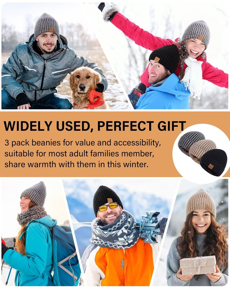 Nertpow Mens Beanie Hats 3 Pack, Winter Hats for Men Women Warm Thermal Fleece Lined, Thick Knit Fashion Skull Cap Cuffed Beanie for Guys (Color-07)