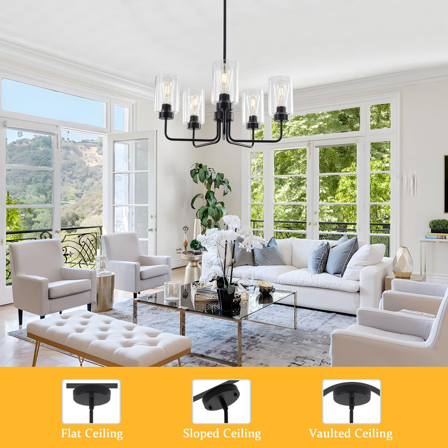 5-Light Modern Farmhouse Black Chandelier for Dining Room, 22" Industrial Pendant Light Fixture with Glass Shades, Adjustable Hanging Ceiling Lamp for Kitchen Island, Living Room, Bedroom, Foyer