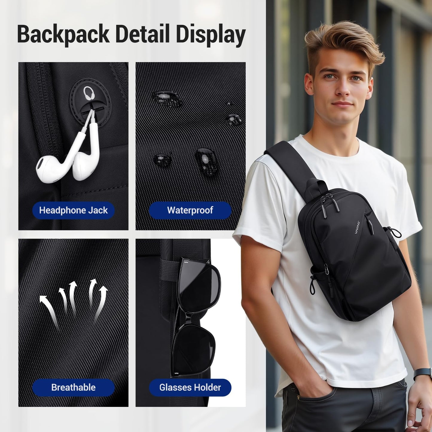 VNINE Small Sling Crossbody Backpack Shoulder Bag for Men Women, Lightweight One Strap Back Pack Sling Bag Backpack for Hiking Walking Biking Travel Cycling with Headphone Port