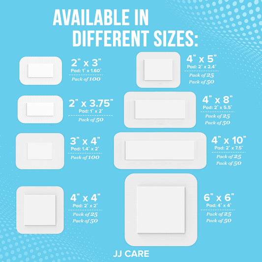 JJ CARE Adhesive Island Dressing [Pack of 50], 4” x 8” Sterile Bordered Gauze, Breathable Island Wound Dressing, Individually Wrapped Adhesive Gauze Bandages with Non-Stick Central Pad