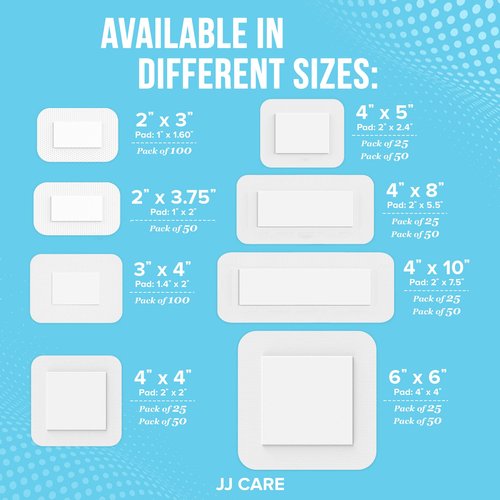 JJ CARE Adhesive Island Dressing [Pack of 50], 4x4 Sterile Bordered Gauze, Breathable Island Wound Dressing, Individually Wrapped Adhesive Gauze Bandages with Non-Stick Central Pad
