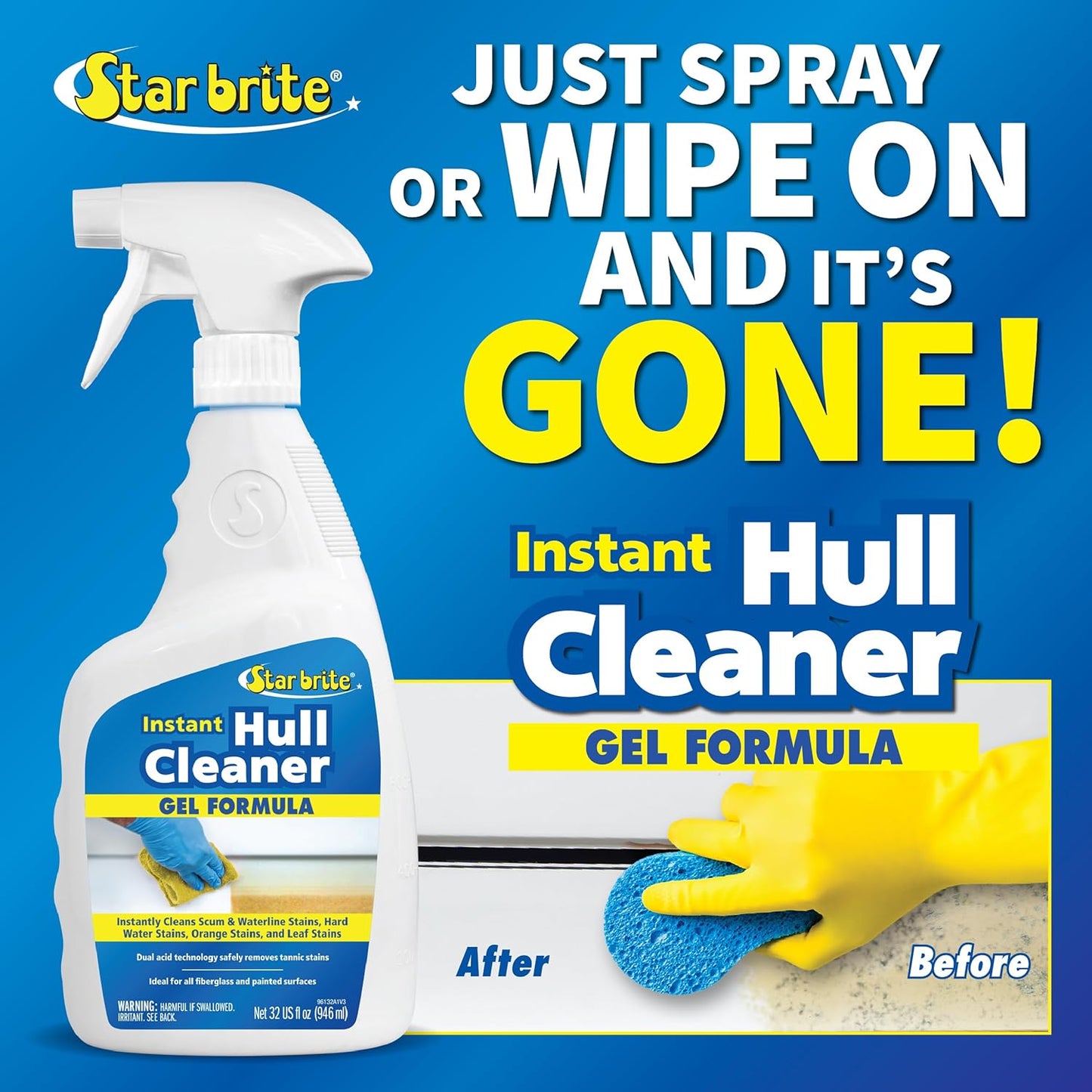 Star Brite Instant Hull Cleaner - 32 Oz Gel Spray for Effortless Stain Removal on Boats & Fiberglass