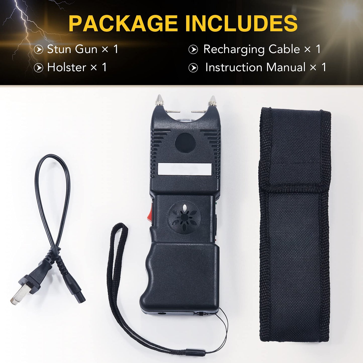 DARTMOOR 300,000V Stun Gun Ultrapowerful Rechargeable Phone Size with 100lm Tactical Flashlight 120db Alarm for Men Women & Self Defense, Custom Holster & Lanyard, 2 Packs