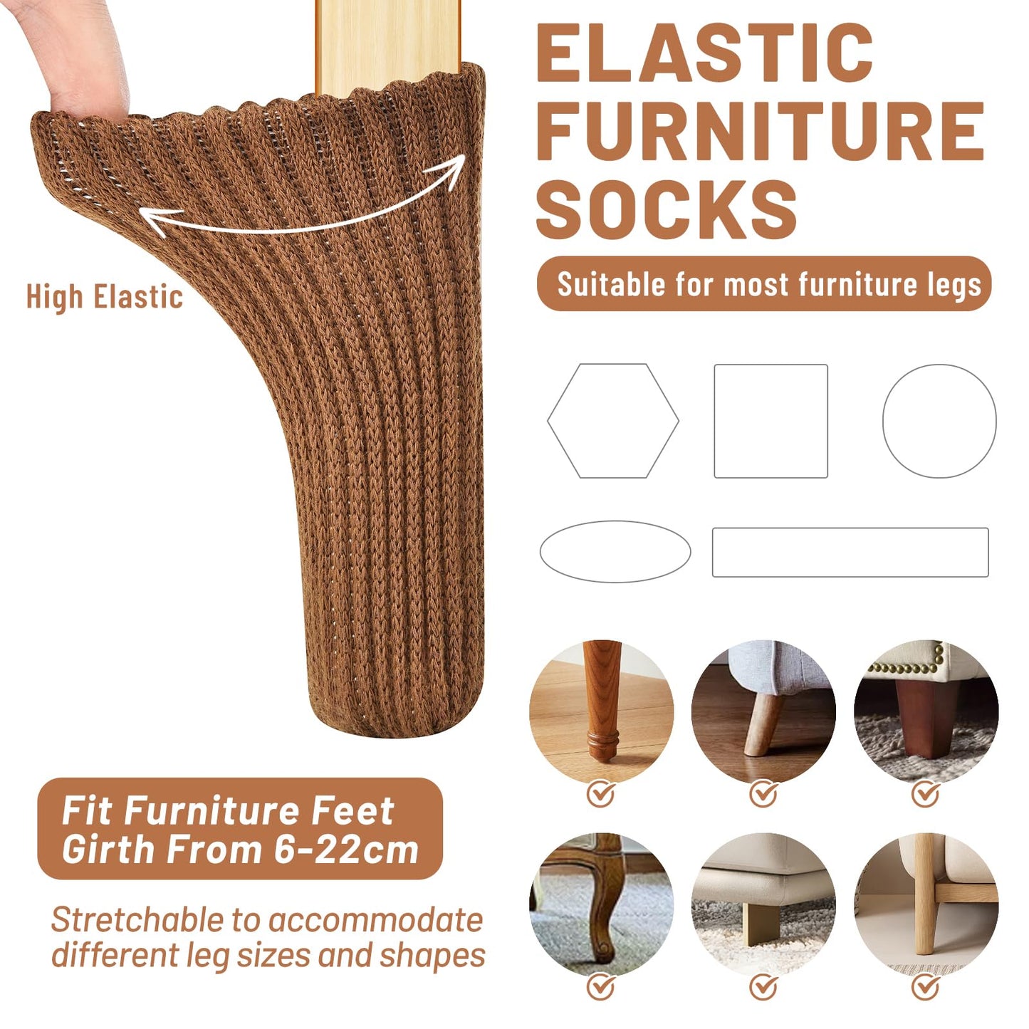 16 PCS Brown Furniture Leg Socks - Knitted Chair Leg Floor Protectors for Hardwood Floors - Fits Round and Square Legs - High Elastic Bar Stool Chair Leg Covers Furniture Caps Set for All Shapes