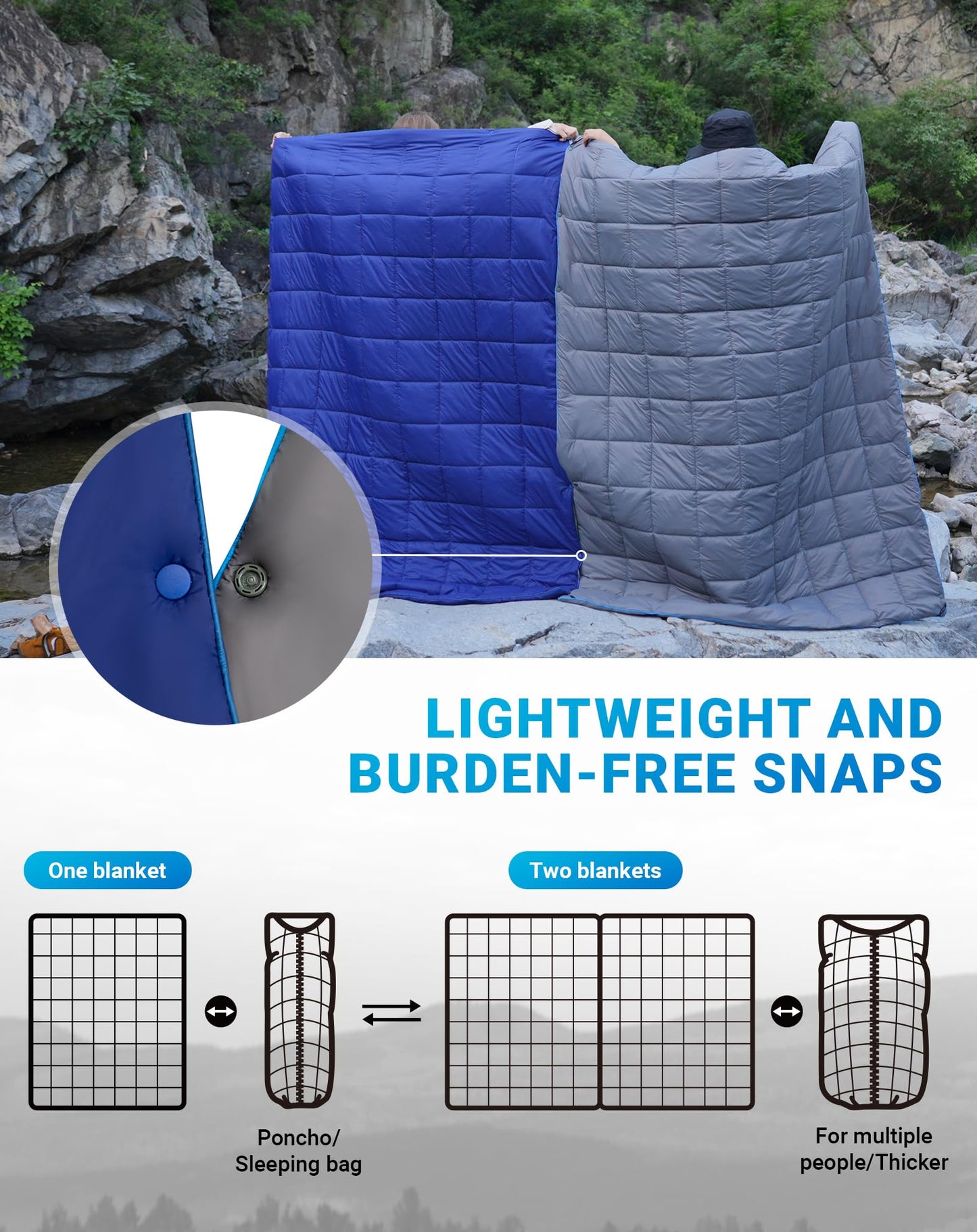 KingCamp Ultralight Camping Blanket, Packable Down Alternative Puffy Wearable Blankets Weatherproof Warm Package Quilt with Snap Buttons for Outdoor Hiking Travel Picnic Stadium (69" x 53", Charcoal)