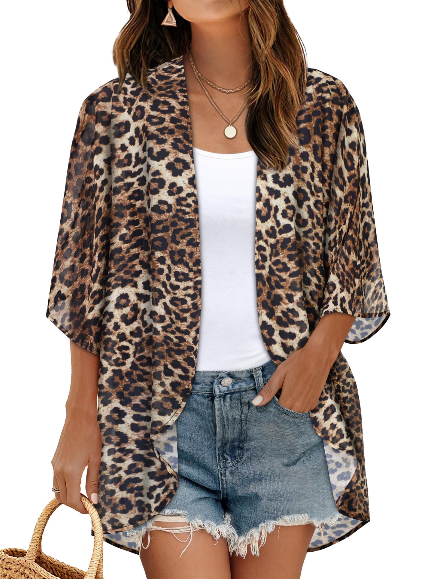 Women's Floral Kimono Print Puff Sleeve Loose Cardigan Cover Up Casual Blouse Tops (Leopard Print, XL)