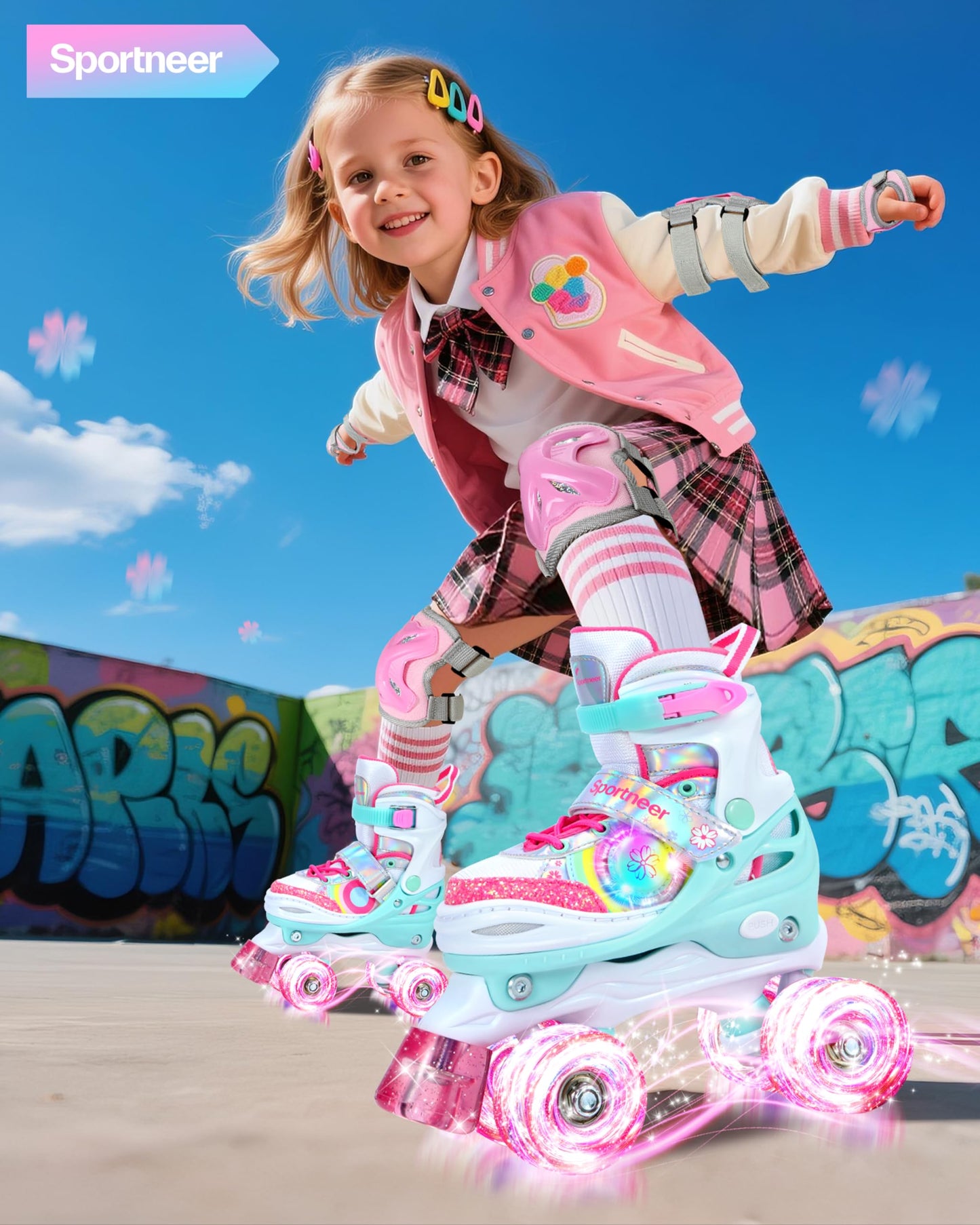 Sportneer Kids Roller Skates with Protective Gear Set, 4 Size Adjustable Girls Roller Skates with 8 Flash LED Wheels, Safe & Fun Skates for Toddlers Ages 3-12 Indoor Outdoor Use