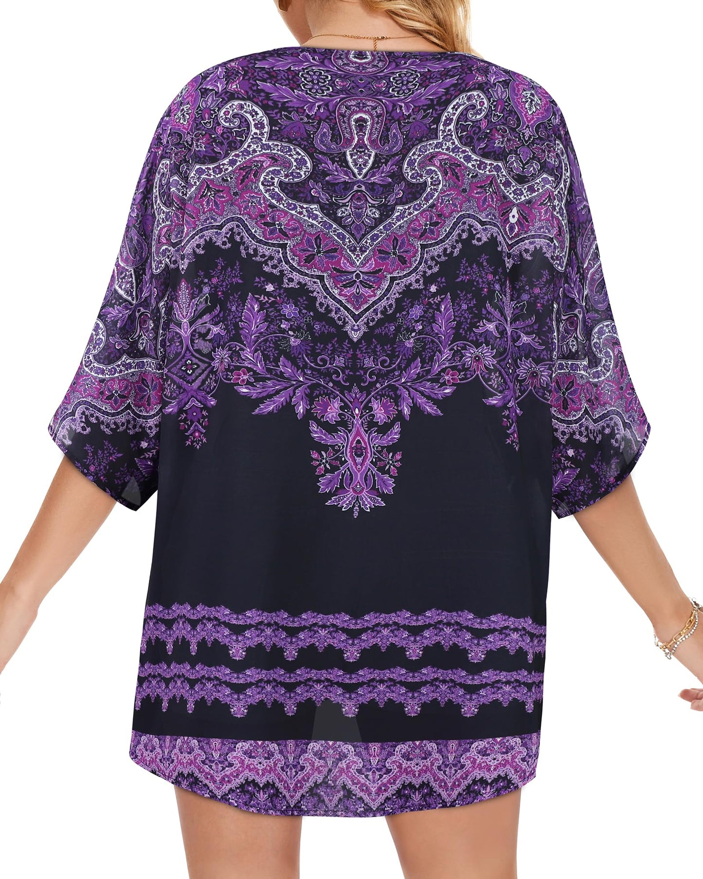 Women's Floral Kimono Cardigan Cover Up Casual Tops,Black Purple Boho,S