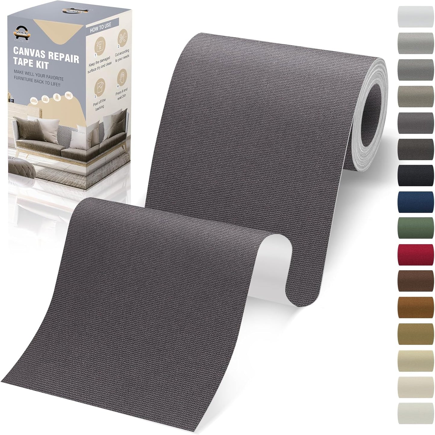 OAZ Canvas Repair Patches - Waterproof Self-Adhesive Fabric Patch Kit for Outdoor Gear | 4 x 79 Inch, Dark Gray
