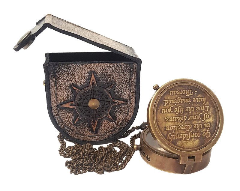 Hanzla Collection - Brass Compass Engraved with Thoreau's Go Confidently Quote and Stamped Leather Case, Boys Gifts