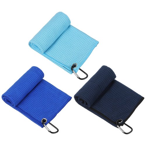 YELARXI Golf Towels, Golf Towel with Clip Waffle Pattern Tri-fold Portable - Fitting for (Bags - Gifts - Cleaning Accessories - Men/Women) 3 Pack & 16 Inch & Blue/Sky Blue/Navy
