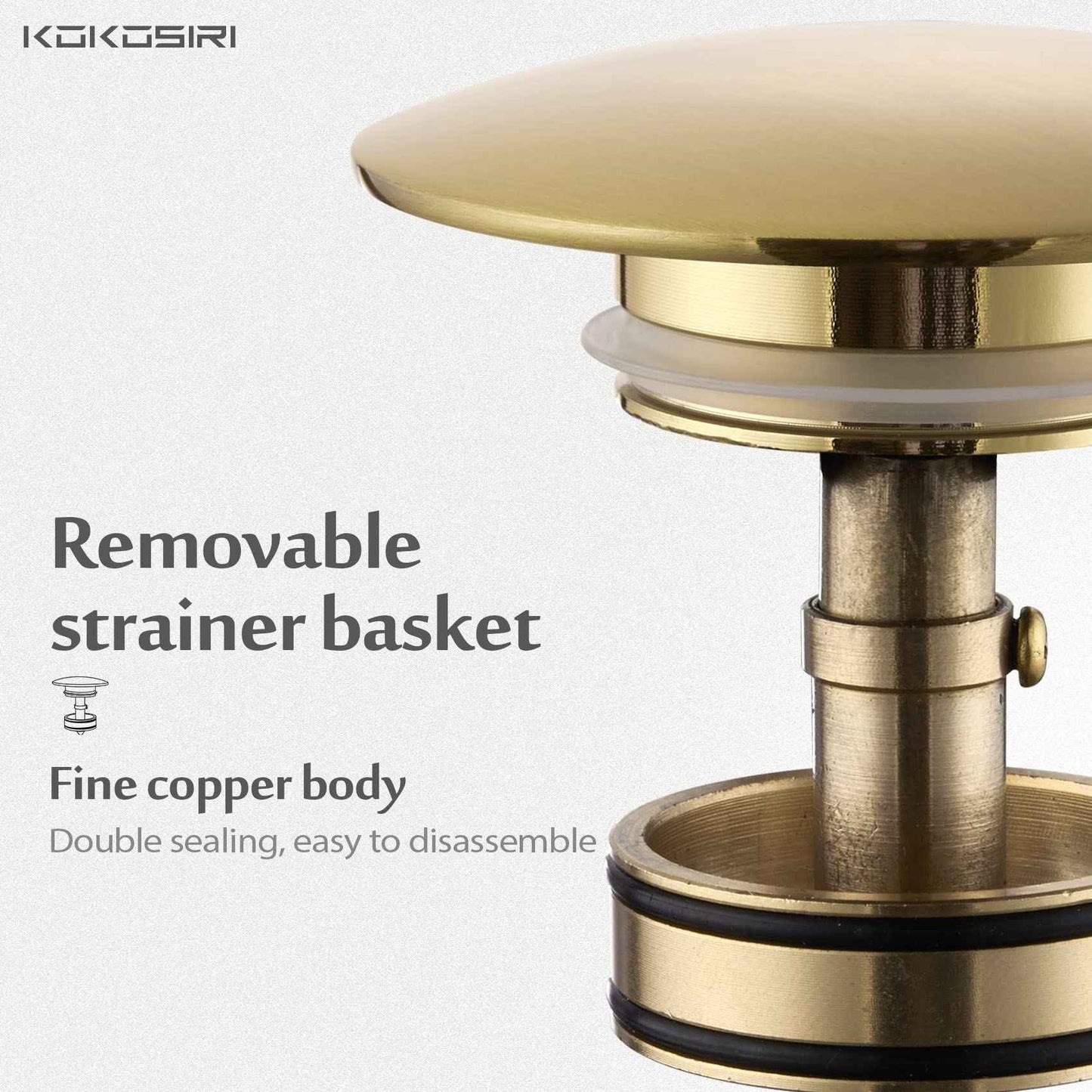 KOKOSIRI Pop Up Sink Drain with Strainer Basket, Brushed Gold Bathroom Sink Drain with Detachable Hair Catcher Anti Clogging for Vanity Vessel Sink Without Overflow, C1002BG