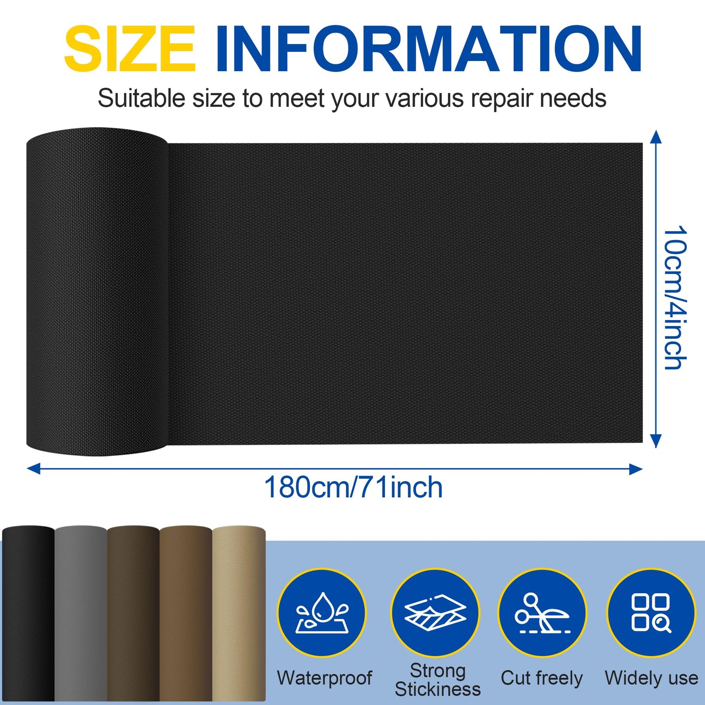 Fabric Repair Tape, Self Adhesive Canvas Repair Patch, Waterproof Outdoor Canvas Tape/Patch Kit for Sun Shades Clothing Tent Awnings Boat Cover Couches Black 4x71 inch