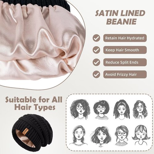 3 Pack Satin Lined Beanie for Women, Warm Slouchy Winter Hats with Silk Lined, Fashionable Oversized Cable Knit Hat Skull Cap-03