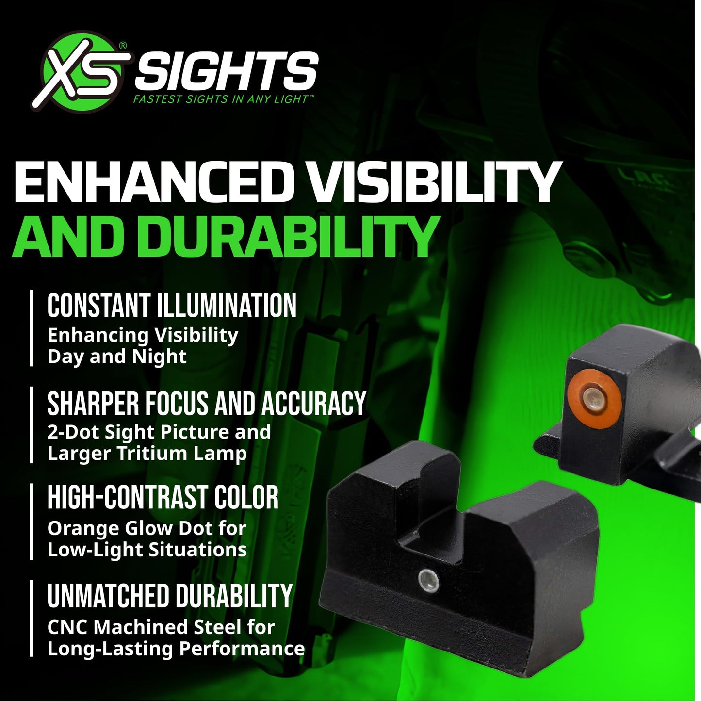 XS Sights F8 Night Sight for Pistols, Fast Acquisition, Wide U-Notch Rear Sight, High Visibility, Easy Alignment, Fits Sig P320, P365, P225, P226, P229, Springfield Hellcat (Not OSP),XD, XDM & XDS