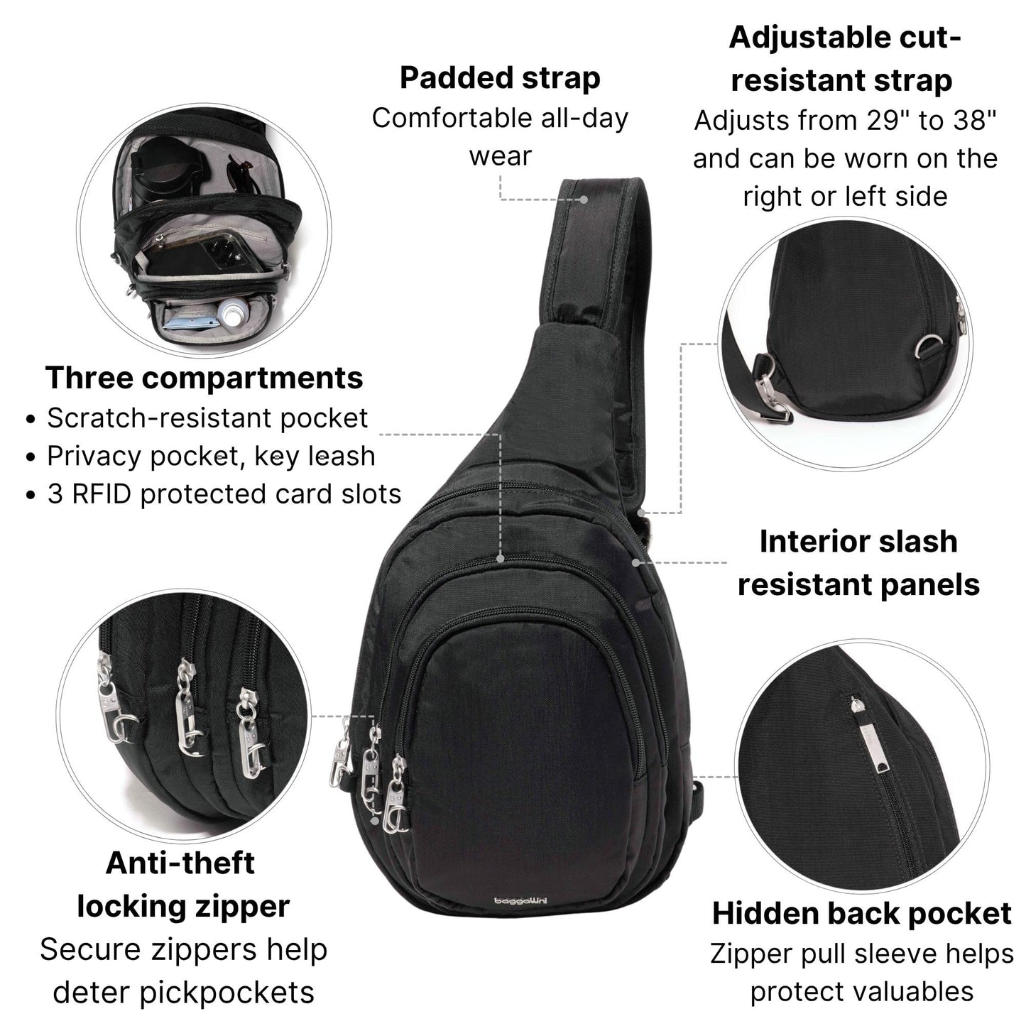 Baggallini Securtex® Anti-Theft Multi Zip Sling - Lightweight 8.6"x15.2" Travel Bag with Locking Zippers & RFID Protection