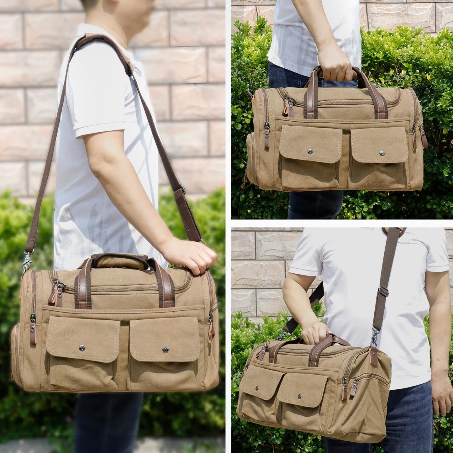 Koolehaoda Duffle Bag for Travel, 50L Canvas Travel Duffel Bags Overnight Weekend Gym Carry On Luggage Bag with Shoes Compartment Travel Bag for Men & Women (204-Coffee)