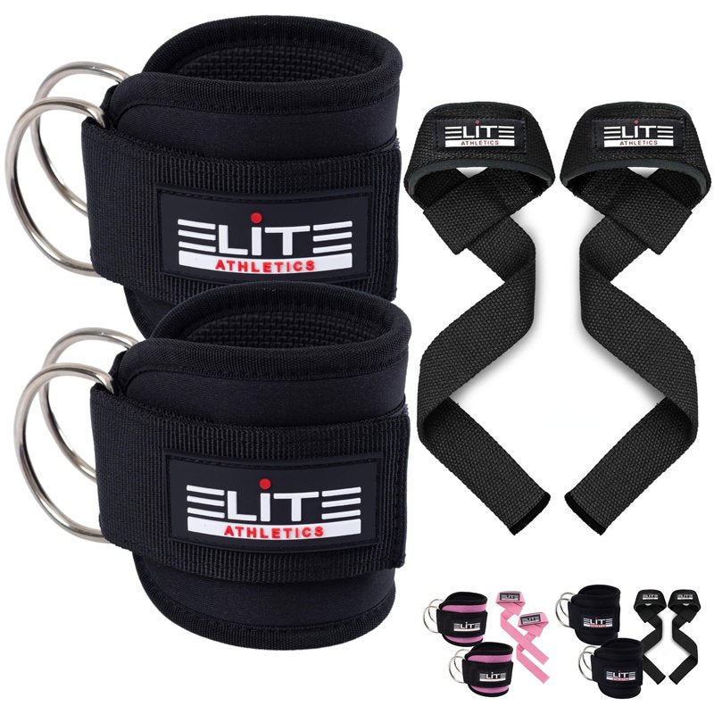 Elite Athletics Ankle Strap for Cable Machine, Gym Ankle Cuff for Cable Kickback, plus Wrist Lifting Straps for Weightlifting, Deadlift and Carry Bag (Black)