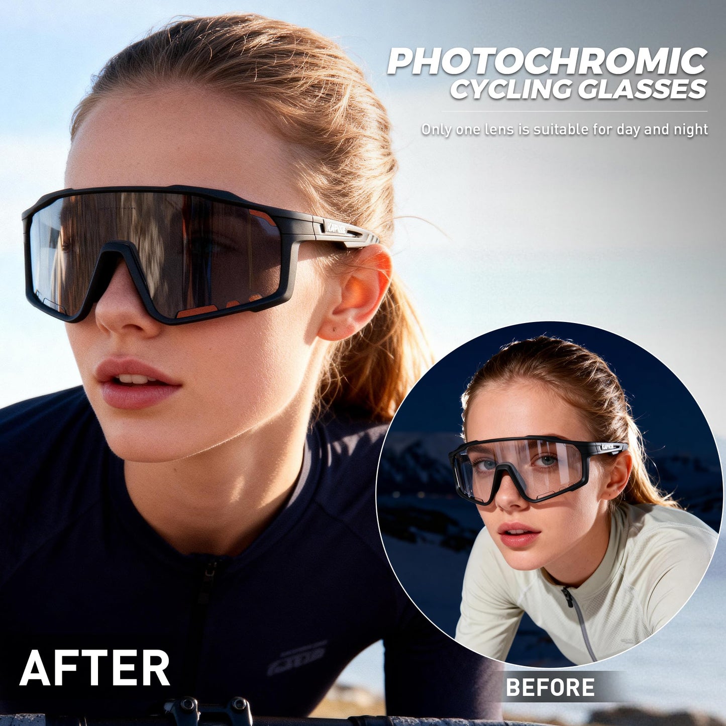 KAPVOE Photochromic Cycling Glasses for Men Women Sports Sunglasses Frame Discoloration HD Bike Glasses K76