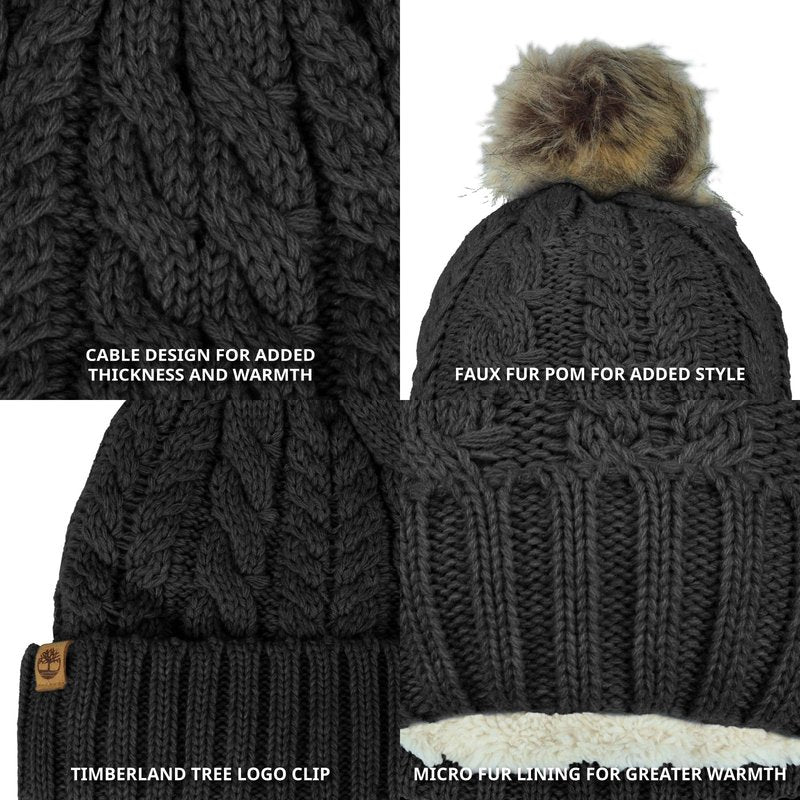 Timberland Women’s Cable Knit Faux Fur Pom Beanie - Soft Winter Hat, Ribbed Cuff, Warm Lining, Stylish Cozy Cold Weather Wear, Black, One Size