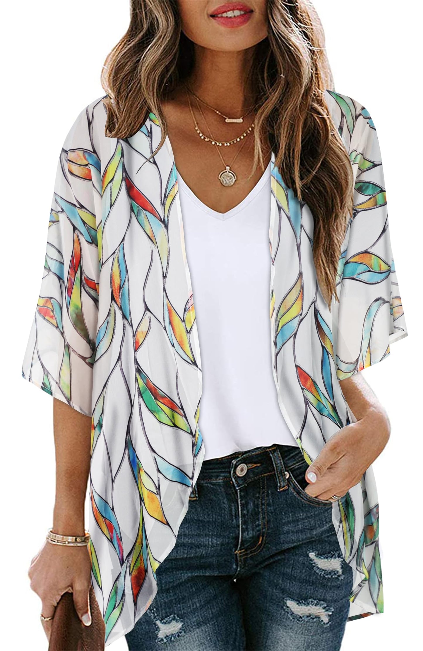 Womens Short Cardigans Casual Cover Up Open Front Kimono Tops Bathings Suit Shawl (White Colorful Leaves,L)
