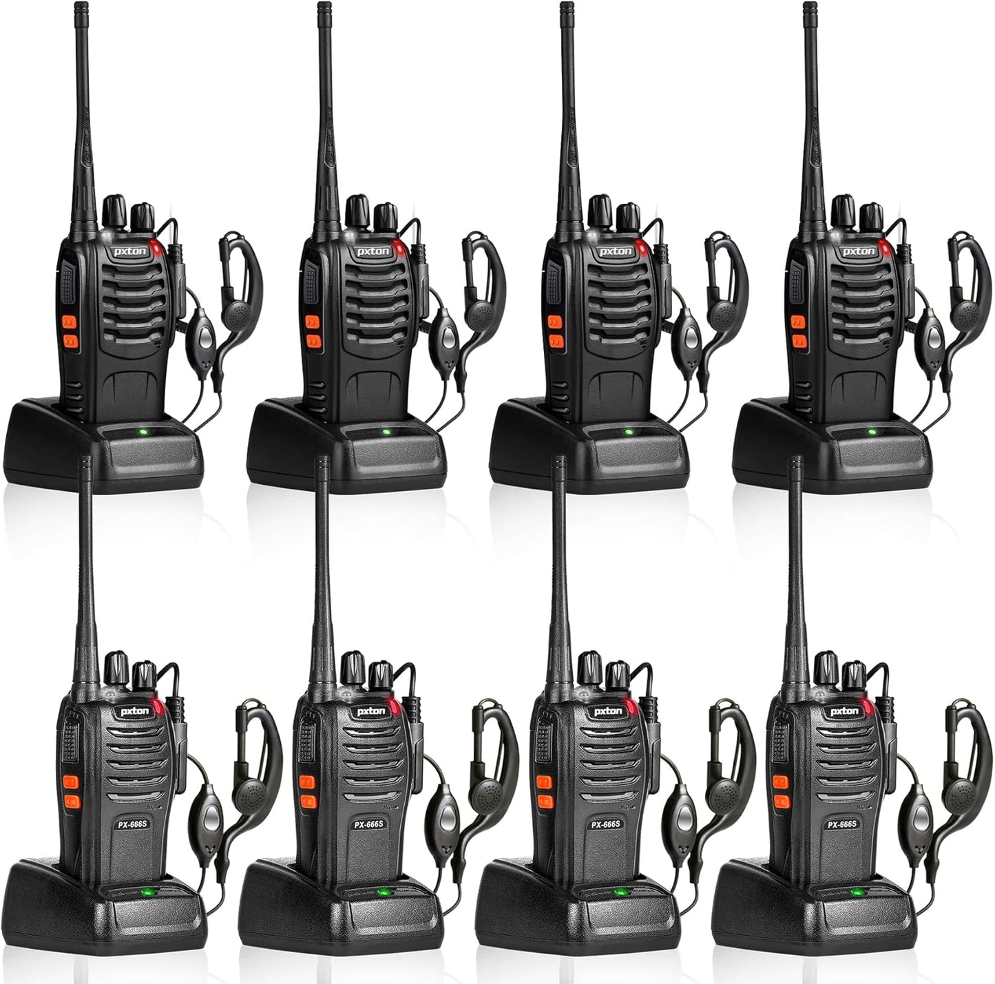 Pxton 888S & 666S Walkie Talkies - Long Range Rechargeable Two-Way Radios with Headphones | 8 Pack