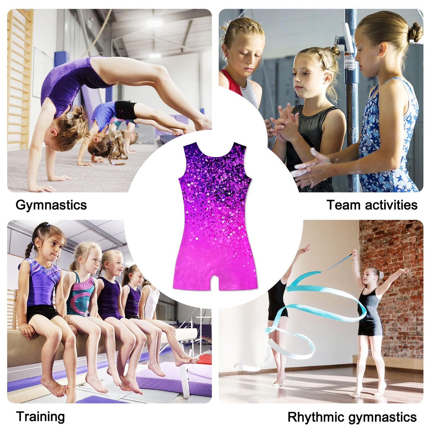 Funnycokid Gymnastics Leotards for Girls Dance Outfits Unitard Sparkly Clothes with Shorts, Diamond Purple Pink Shining, 5-6 Years