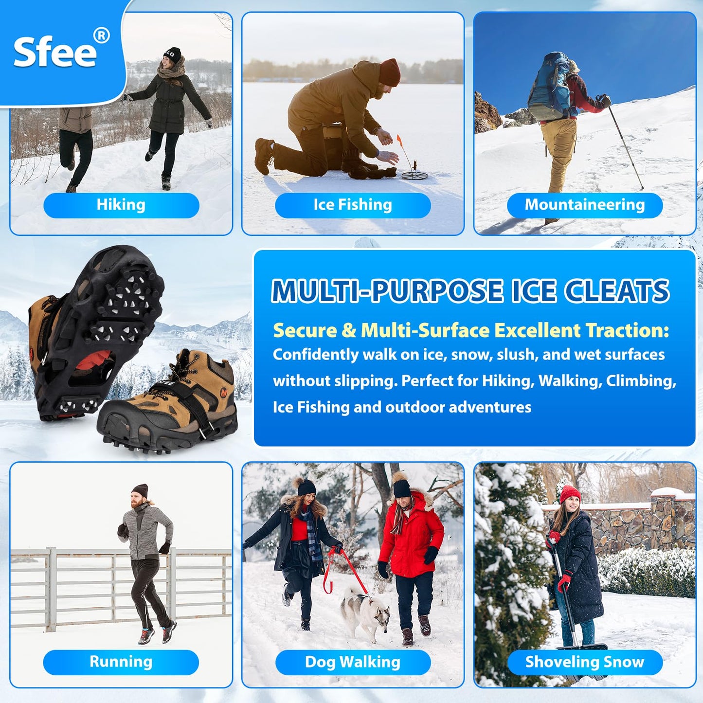 Sfee Crampons Ice Cleats for Shoes and Boots, 28 Snow Shoe Spikes Ultra-Grip Ice Cleats for Men & Women Non-Slip Snow Traction Ice Grippers for Shoes and Boots for Walking, Hiking, Climbing & Fishing