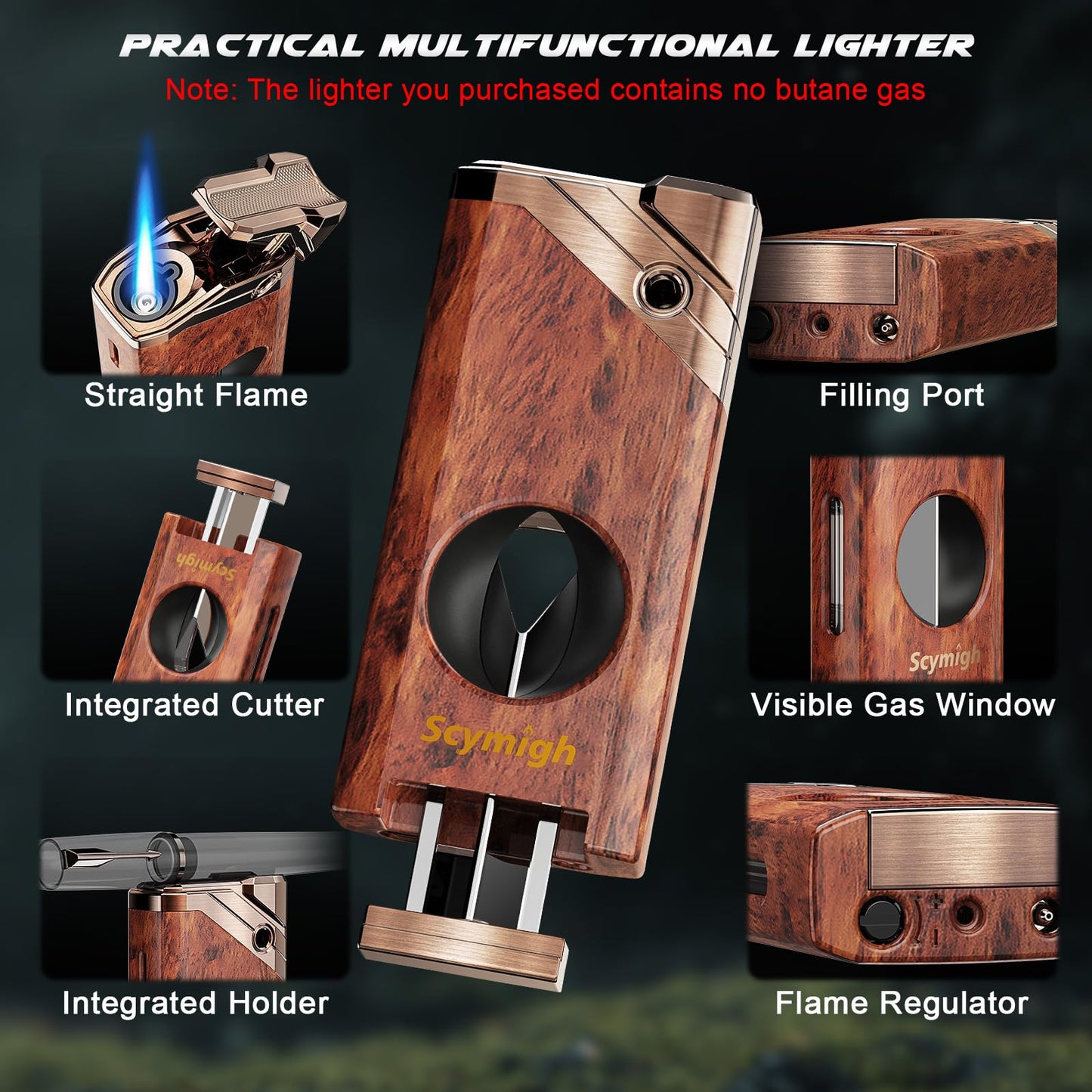 All in One Torch Lighter with V-Notch Tool and Holder, Refillable Butane, Adjustable Flame, Fuel Window, Cool Lighter for Gifts, Candle, Father's Day