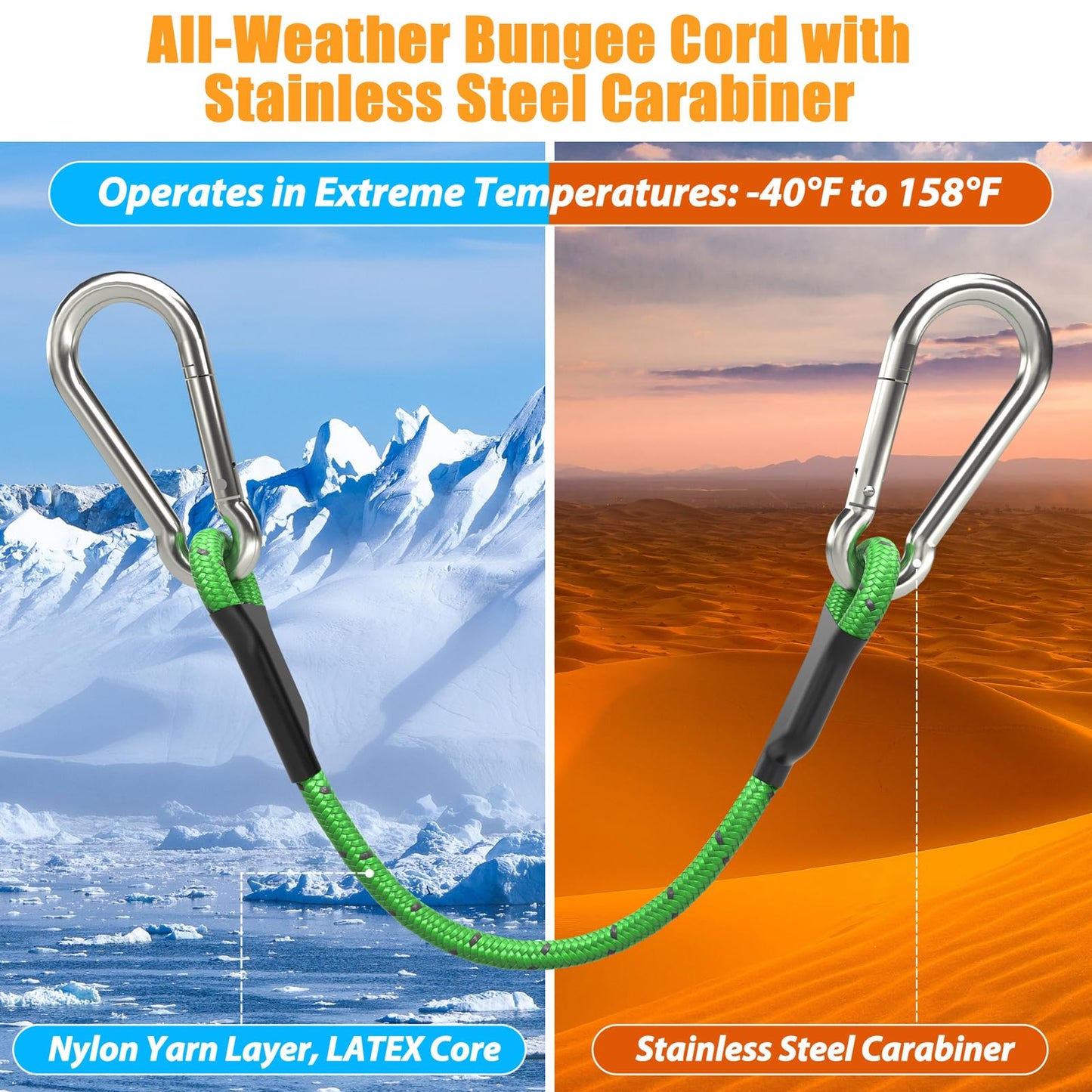 sprookber 8 Inch Bungee Cords with Stainless Steel Carabiner, Heavy Duty Strong Bungee Cords for Camping, Tarps, Bike Rack, Hand Carts etc, Set of 4