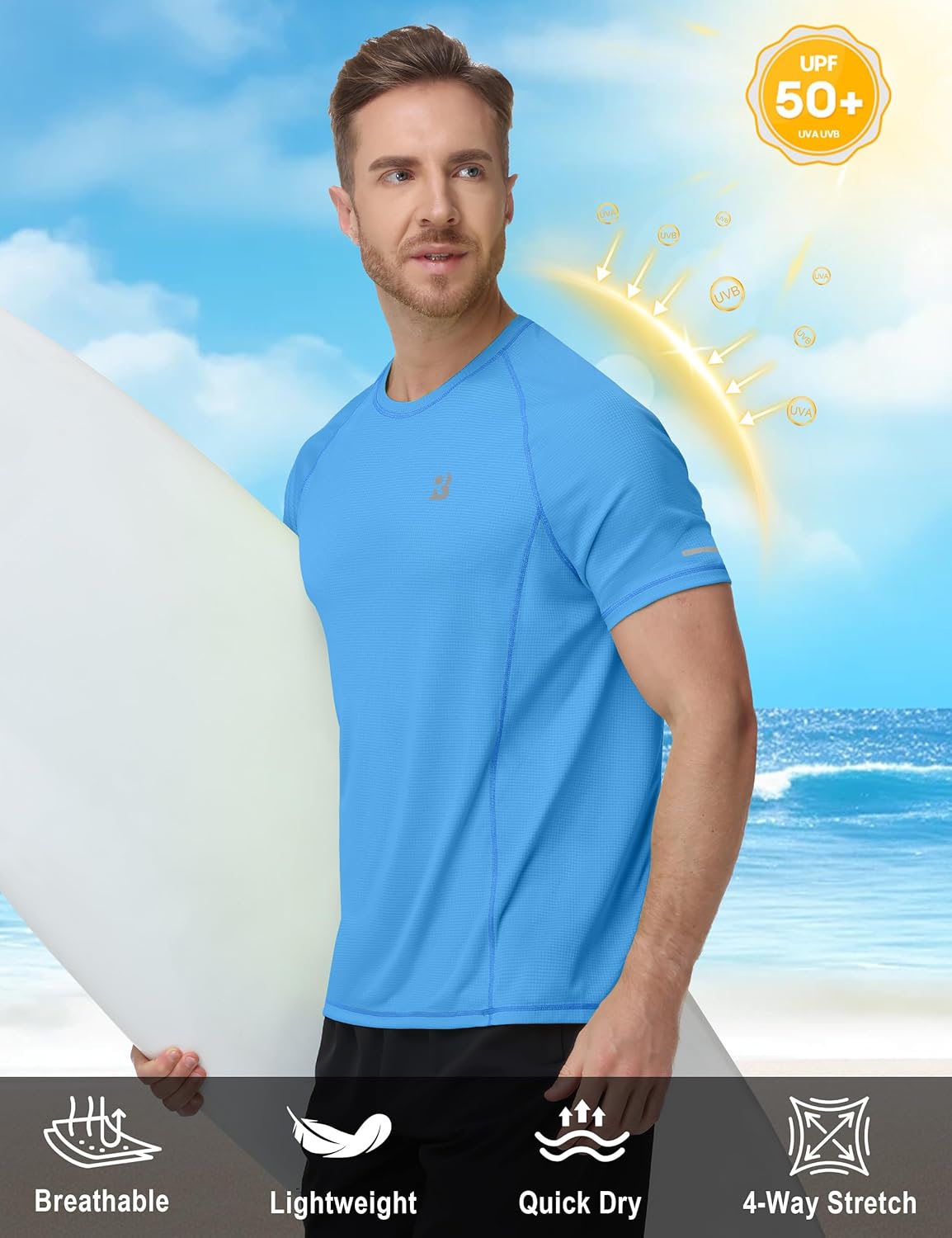 Roadbox Men's Swim Shirt - UPF 50+ Quick Dry Rash Guard for Beach & Surfing | UV Sun Protection