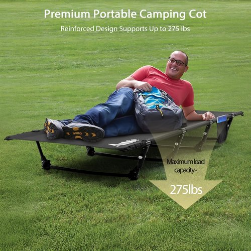 Anbte Ultralight Folding Camping Cot, Comfortable Portable Camping Cot Supports 275 lbs with Storage Bag & Side Pocket, Lightweight Folding Bed for Outdoor Travel Tent Indoor Emergency Bed, Black