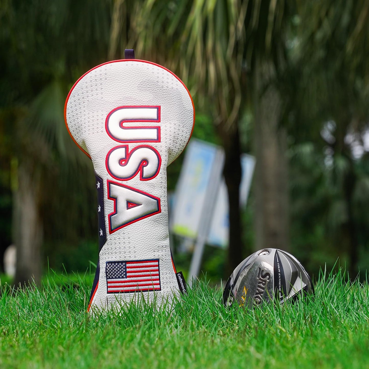 Craftsman Golf Club Head Cover USA Driver Headcover US Flag Golf Driver Head Cover USA Patriotic Golf Club Cover for Driver White Leather