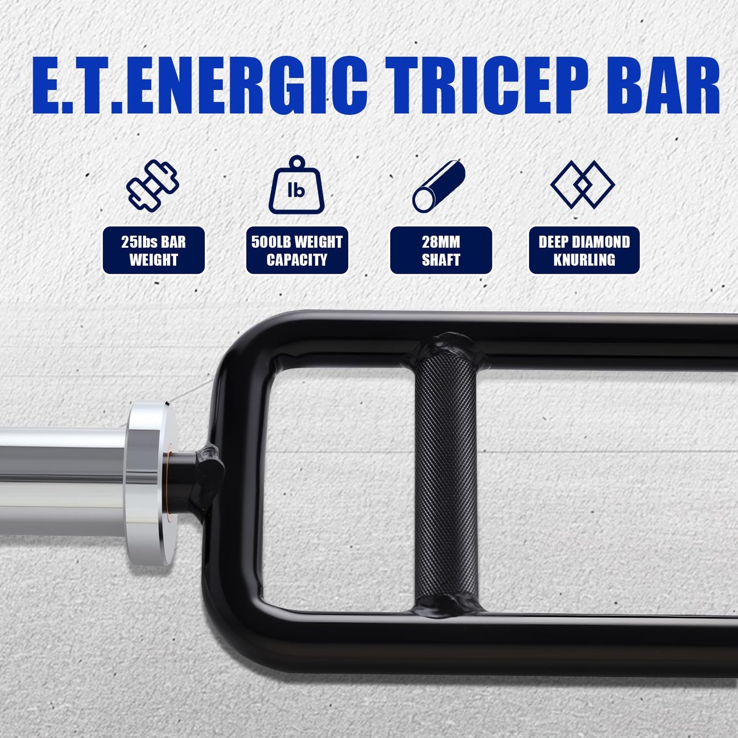 E.T.ENERGIC 34" Olympic Triceps Bar 500lbs Capacity Weight Barbell Bar Home Gym Weightlifting Exercise for Squats, Deadlifts,Shrugs, for 2" Olympic Plates, Sliver&Black
