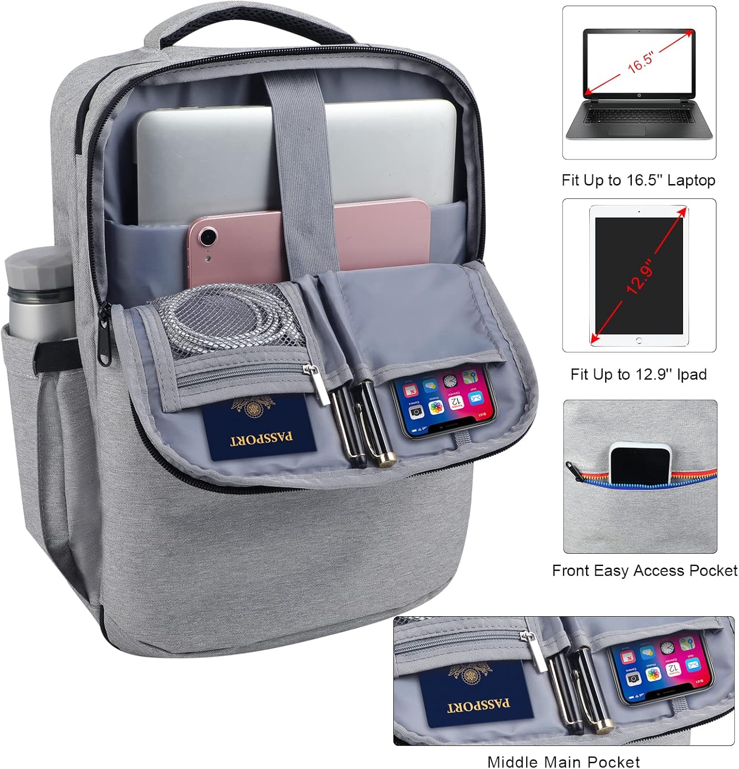 Skiennix Travel Backpack - TSA Approved with USB Charging Port | 15.6-Inch Laptop Bag for College & Business - Grey