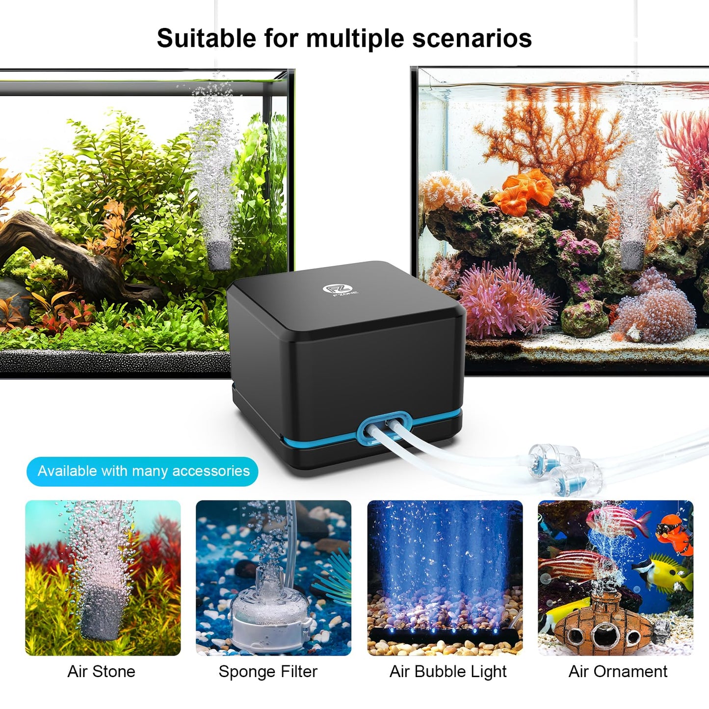 FZONE Aquarium Air Pump, Ultra Quiet Fish Tank Aerator Pump with Stainless Steel Dual Outlets, Adjustable Powerful Oxygen Pump with Air Stones for Freshwater and Saltwater Aquariums