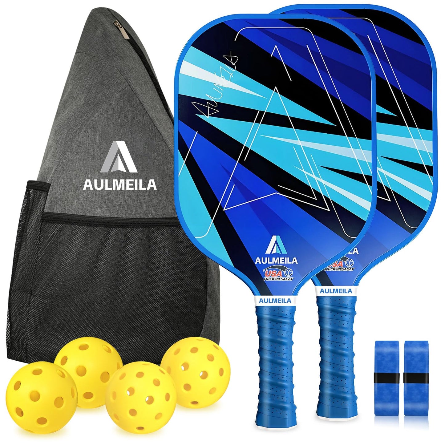 AULMEILA Pickleball Paddles Set of 2, 2025 USAPA Approved Pickleball Set, Fiberglass Pickle Ball Rackets 2 Pack, Lightweight & Durable, Includes 4 Balls & 1 Carry Bag for Men and Women