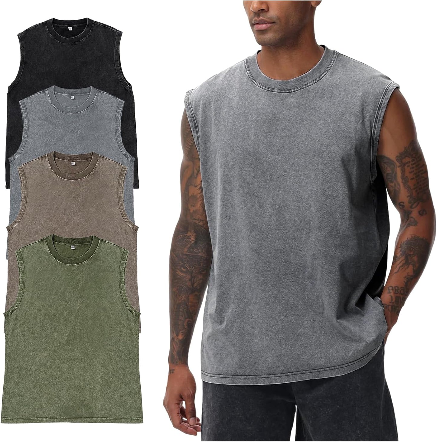 Yimoon Men's Tank Tops - Sleeveless Cotton Workout Tees | Acid Wash Loose Fit Gym Shirts