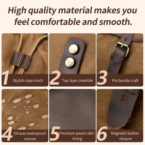 Wogarl Leather Backpack for Men, Waxed Canvas Vintage Backpack Rucksack for Business College Travel Hiking Shoulder Daypacks With Toiletry Bag(Khaki)